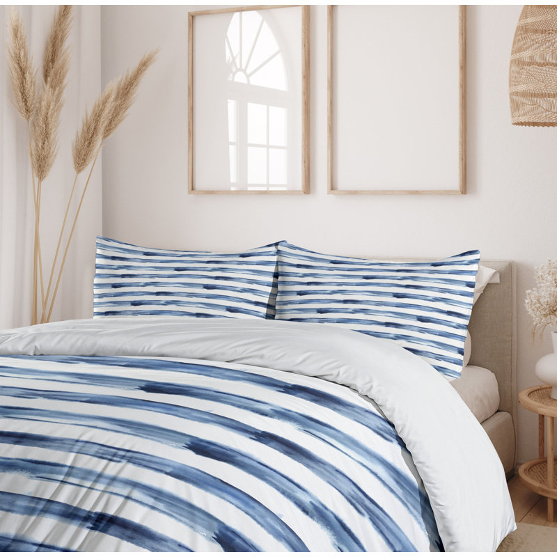 California King Night Blue and White Striped Duvet Cover Set