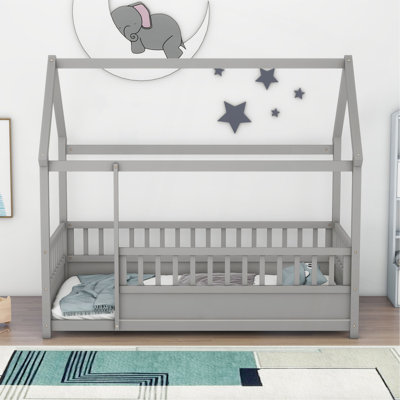 Twin Size Floor Wooden Bed With House Roof Frame, Fence Guardrails