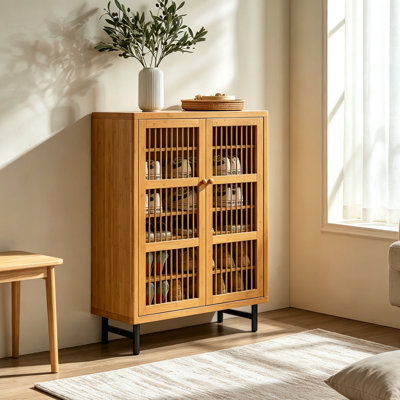 Range-chaussures avec portes à volets, organisateur de chaussures d'entrée en bois à 6 niveaux avec tablettes réglables, étagère de rangement moderne avec portes à persiennes respirantes pour le vestibule du couloir, finition en bois naturel
