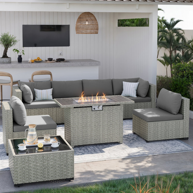 Ensemble de canapé modulaire d'extérieur en osier 8 pièces avec coussins confortables, Gris