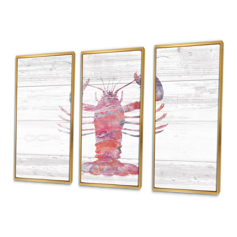 «Pink Lobster Ocean Life», ensemble d'art mural sur toile encadré nautique et côtier, Or, H 20 po x l 36 po x P 1 po