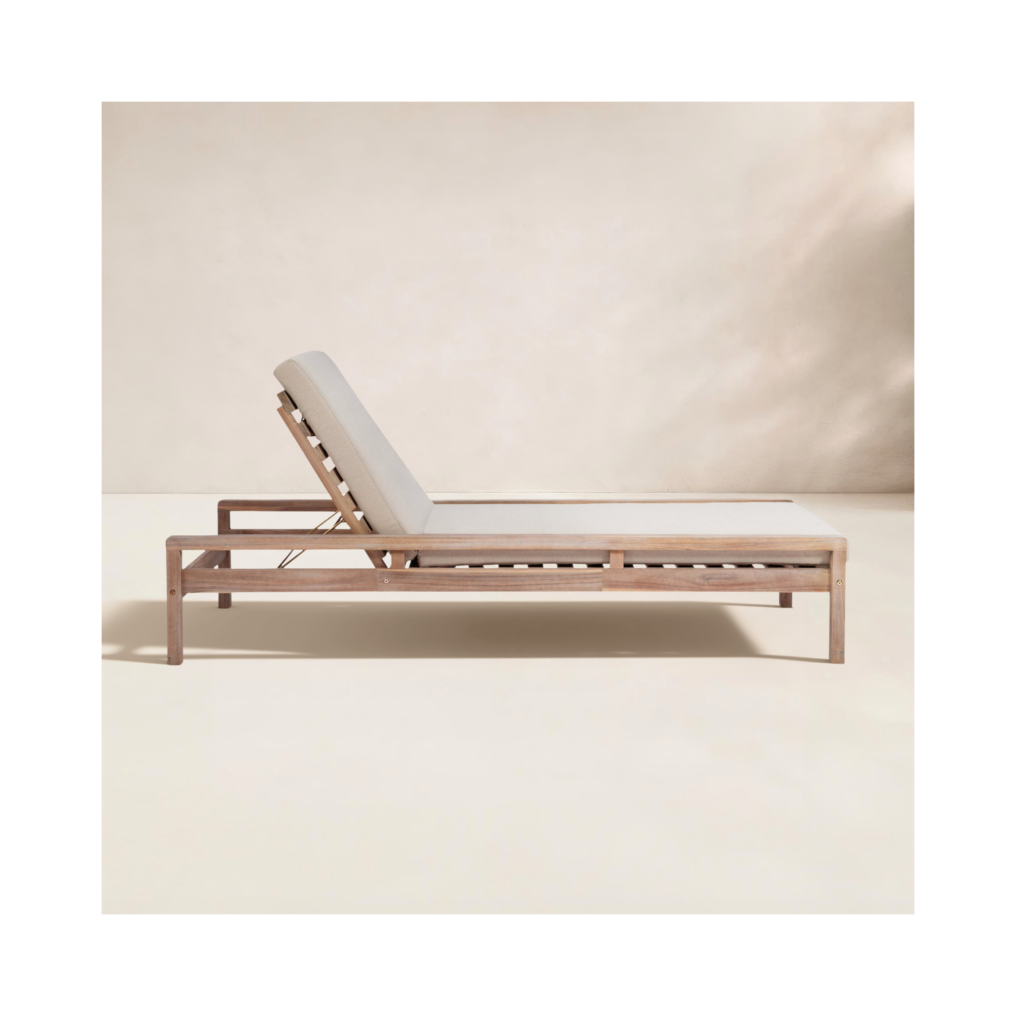 Amina Solid Acacia Wood Reclining Chaise Lounge with Cushion, Beige
