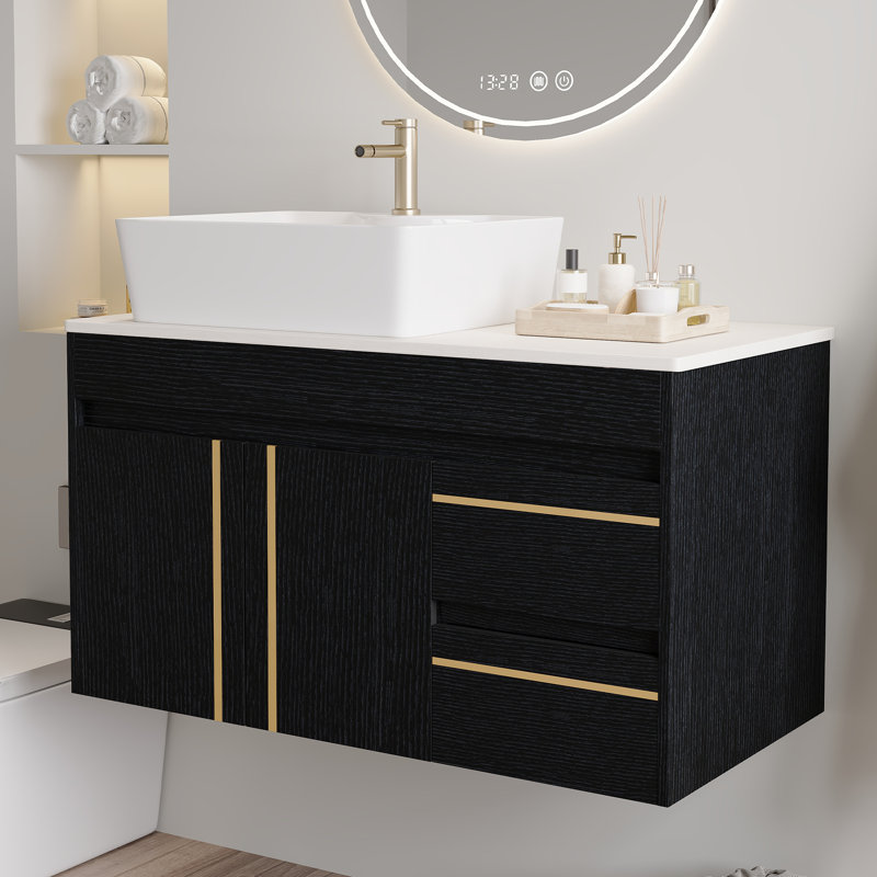 Meuble-lavabo mural 36 po avec lavabo vasque en céramique et porte à fermeture en douceur Aether, Récipient blanc