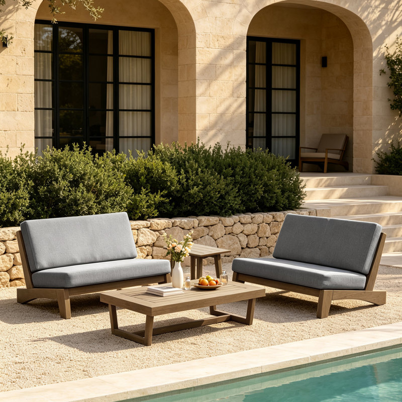 Ensemble de conversation Polett, 4 pièces: 2 tables, 2 causeuses, Gris, Brown