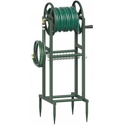 Freestanding Garden Hose Reel holds 125ft Hose of 5/8" with 4 Hooks, 4-Spike Outdoor Hose Holder with 3.9ft Leader Hose & Brass Fitting,Green