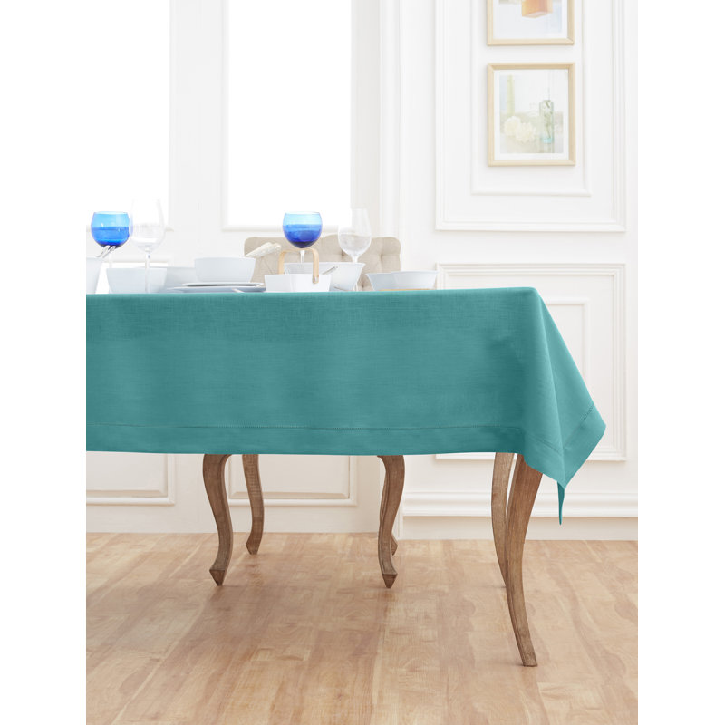 100% Pure Linen Hemstitch Table Cloth - Classic Hemstitch, Dusty Blue, 132" x 60"