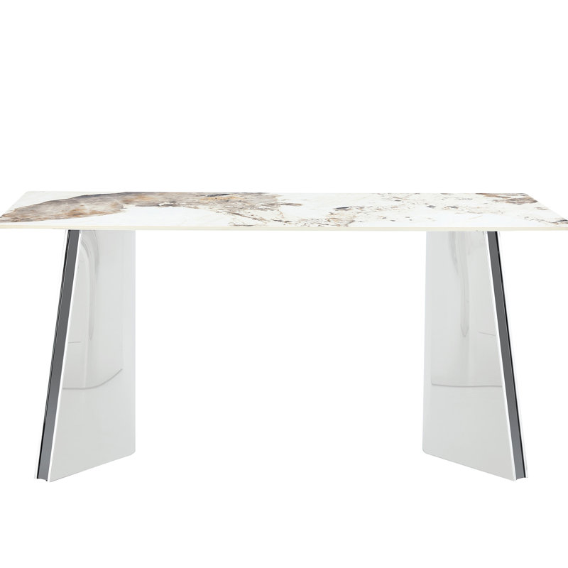 Ensemble de salle à manger chic: plateau de table et 6 chaises en polyuréthane noir avec support de pieds en métal et design de lignes verticales.