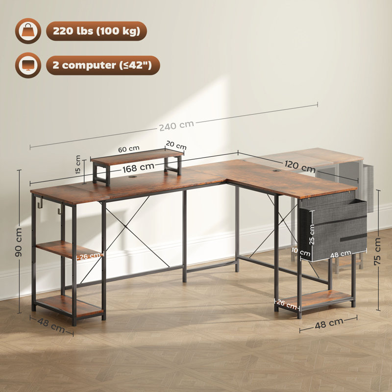 Rascoe Reversible L Shaped Desk Adjustable Shelf, Brown