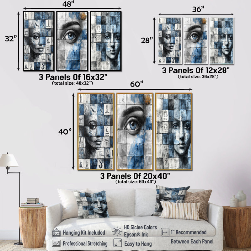 «Blue égyptien hiéroglyphes», collection d'art mural «Boho Tiles», H 40 po x l 60 po, Crème, crème