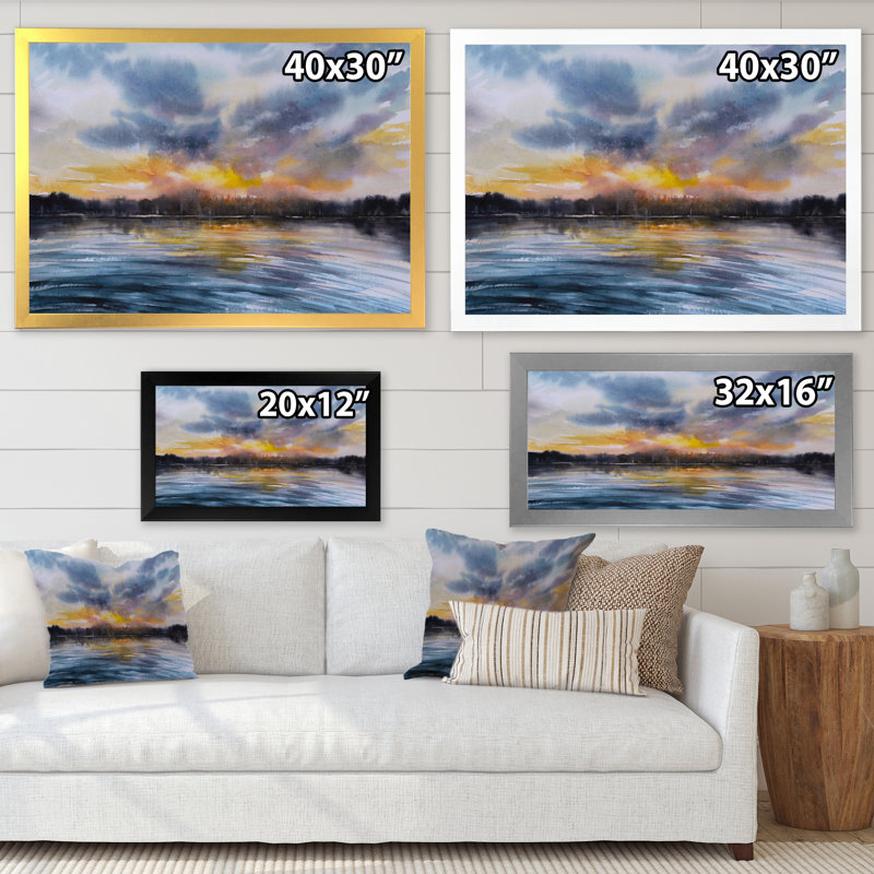 Coucher de soleil sur le lac I - décor mural toile, Cadre d'angle fermé noir, H 34 po x l 44 po