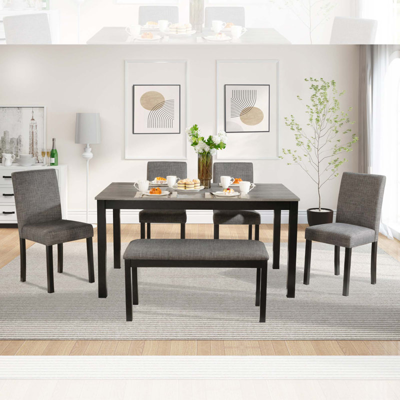 6-Piece Dining Table Set With Bench And Chairs, Dining Table Set For 6 With Bench, Wooden Dining Table Set
