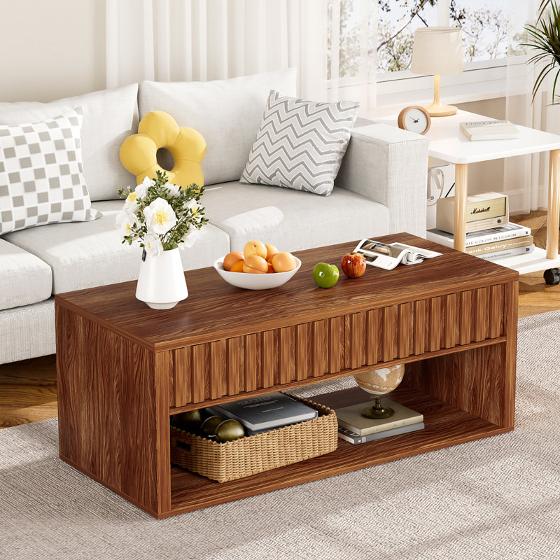 Rectangular Coffee Table with Drawers and Storage Shelves For Living Room, Brown