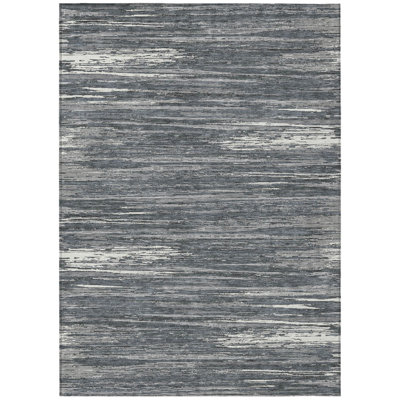 3' X 5' Gray And Ivory Striped Washable Indoor Outdoor Area Rug