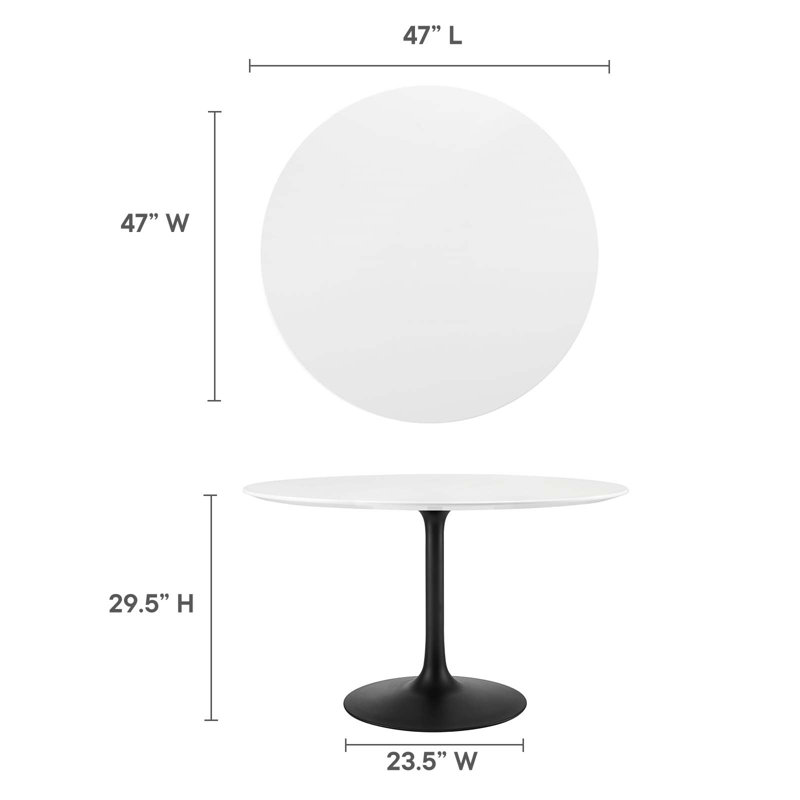 47" White Round Mid-Century Modern Dining Table with Black Base