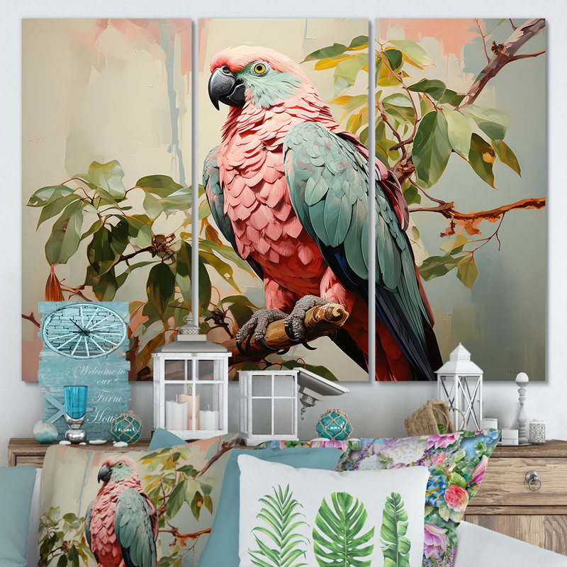 «Blue and Pink Parrot Paradise II», art mural perroquet, H 28 po x l 36 po, Toile tendue