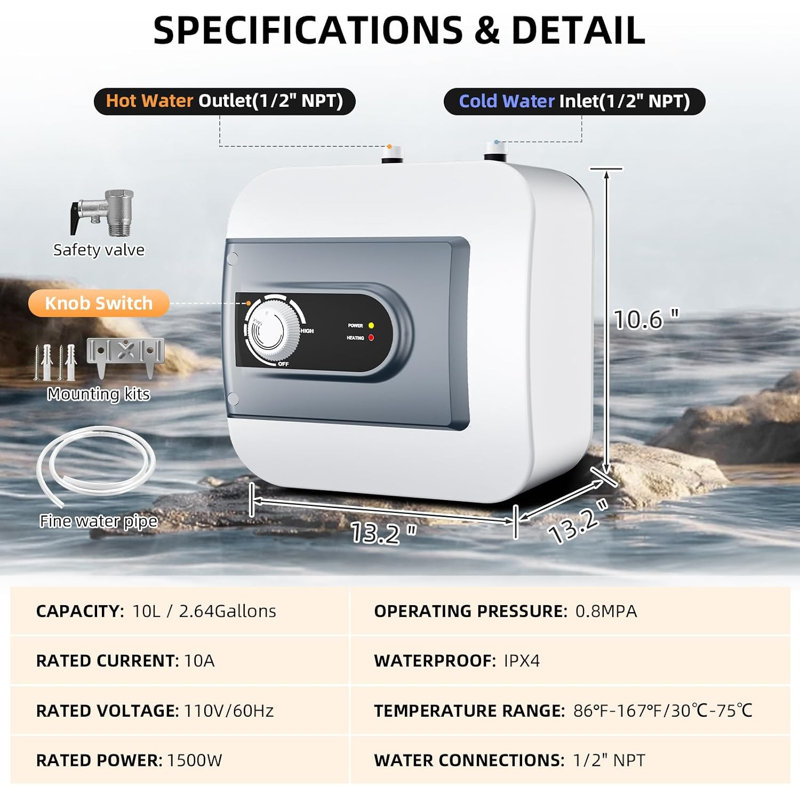 2.64Gallon Electric Mini Tank Water Heater Under Sink Water Heater 1500W