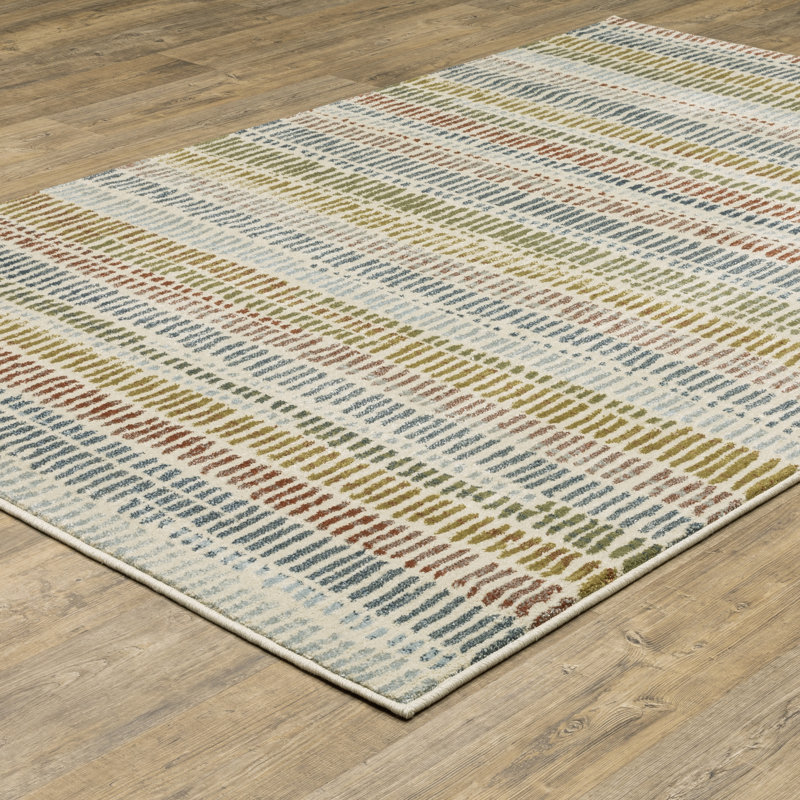 Tapis rayé ivoire / bleu Aizlee, Rectangle 9 pi 10 po x 12 pi 10 po