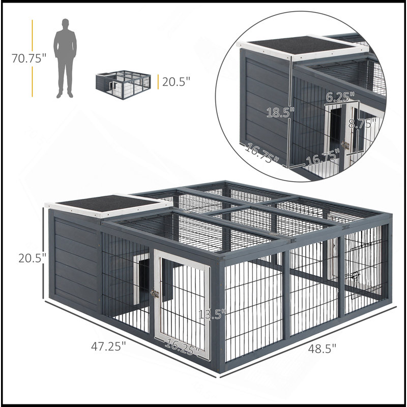 Cage à lapin avec cage principale rabattable et ouverte, Gris