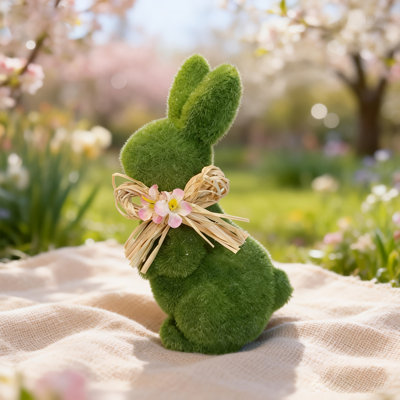 Cute Spring Bunny Statue Green Grass Texture Figurine With Pink Flower Straw Bow