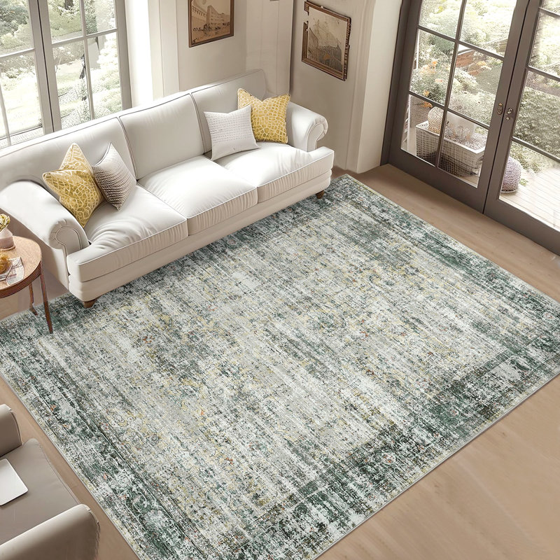 Machine Washable Rug with Rubber Backing for Living Room Vintage Non-Slip Dining Room Rug Oriental Printed Faux Wool Rugs for Bedroom Floor Carpet for Office Nursery Playroom