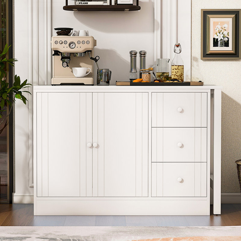 Sideboard With Extendable Table, Multifunctional Storage Cabinet With 2 Doors And 3 Drawers, Living Room Cabinet, White