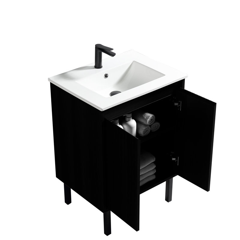 Meuble-lavabo autoportant Valdren de 24 po avec lavabo en céramique intégré, Noir, 24