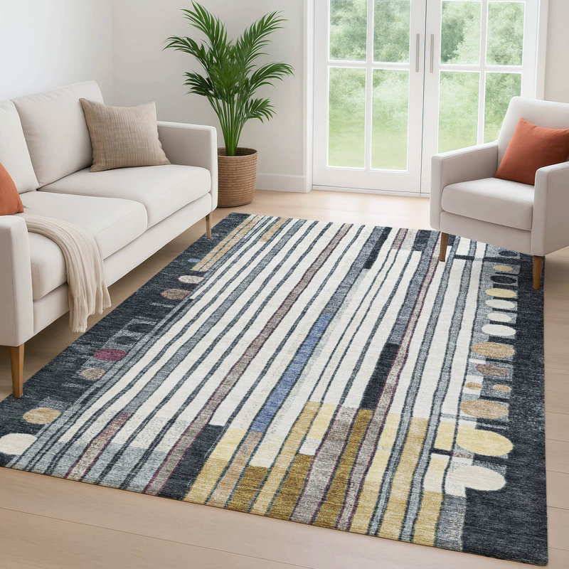 Tapis géométrique de qualité supérieure lavable à la machine Mayfield AMF2189, 5 pi x 7 pi 6 po, Noir