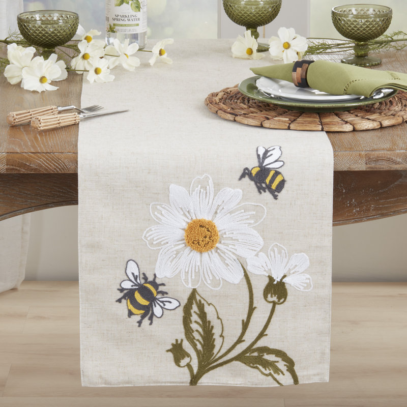 Bee Floral Linen Blend Table Runner – Decorative Botanical Accent for Dining Tables, Consoles & Buffets, 16"x70"