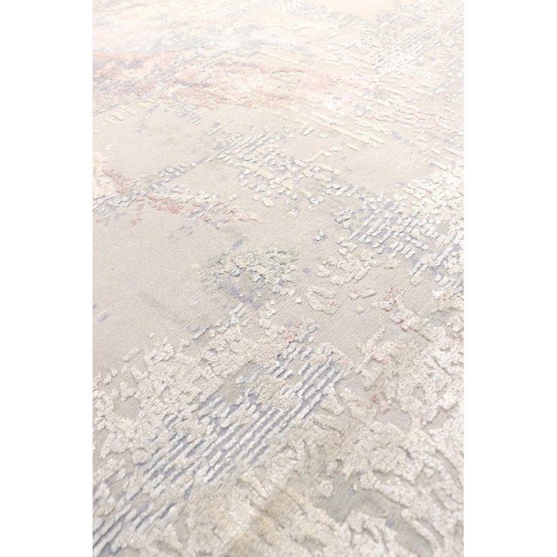 Gray and Beige Abstract Hand-Knotted Wool Silk 9' x 12' Rug