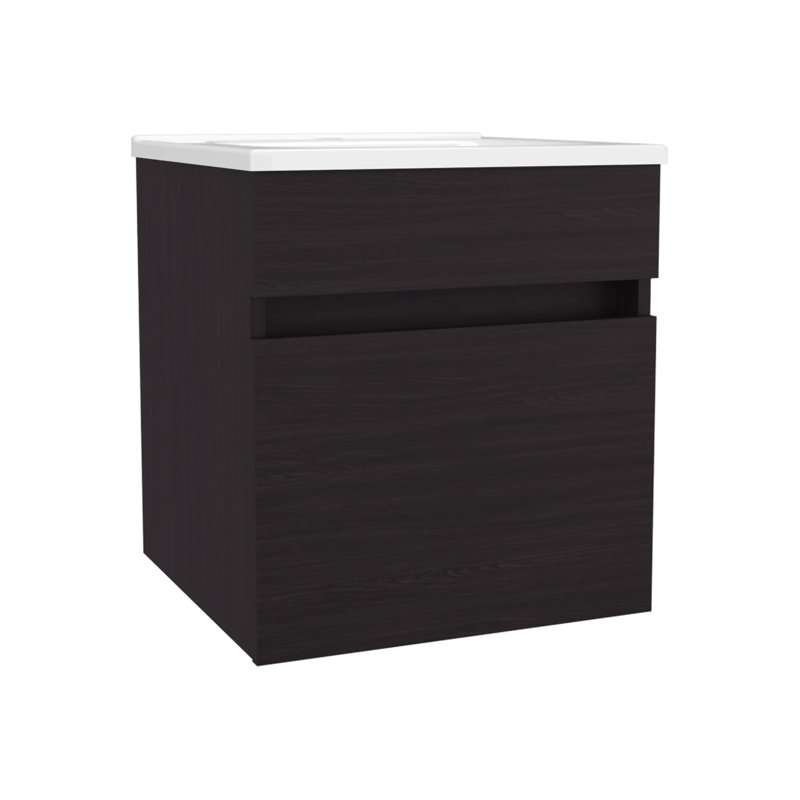 Meuble-lavabo flottant mural simple, porte simple, lavabo intégré, H 20 po x l 17,5 po, P 17,5 po, Wengé