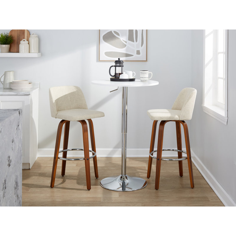 Tabourets de bar 30 po à hauteur fixe Thea avec pieds en bois cintré et repose-pieds rond Thea, Noyer / Chrome, Crème