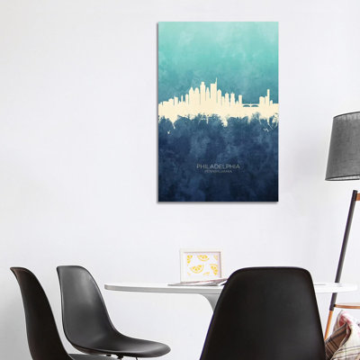 Philadelphia Skyline Navy Cyan by Michael Tompsett - Wrapped Canvas Painting