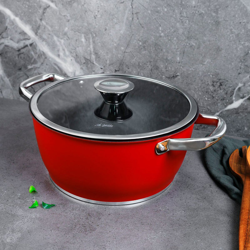 Durable Aluminium Cooking Pot, Induction Base, 9.4 x 4.7 inches | 100% Aluminium, Thickness: 0.2 inches | Dishwasher Safe, Red & Black | for Gas Stoves & Induction Cooktops, Versatile Kitchen Essential