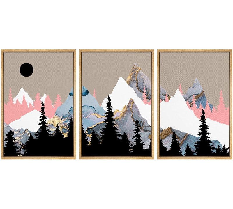 Abstract Mountain " Gold Mountain Range And Forest Nature Wilderness Illustration Modern Art Rustic Scenic Colourful " 3 - Pieces