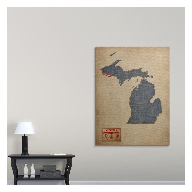 «Michigan Map Denim Jeans Style» par Bellen, impression, H 36 po x l 27 po x P 1,5 po, Toile