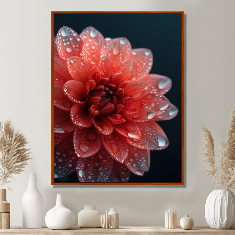 Dahlia nuance rouge nuances monochromes - art mural dans le salon, Cadre flottant brun, H 30 po x l 40 po x P 1,5 po