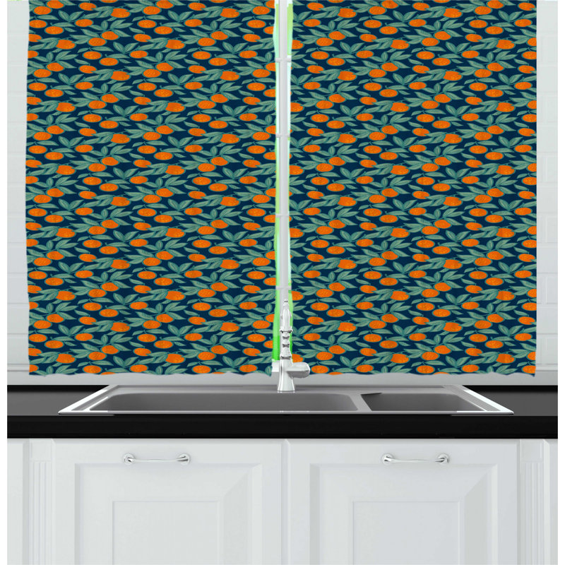 Mandarin Branches Dark Teal and Burnt Orange Kitchen Curtains