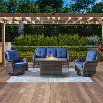 Deb 4-Pieces Outdoor PE Wicker Patio Conversation Set with Fire Pit and Cushions