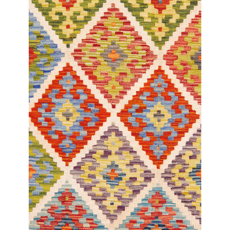 Tapis unique vert / orange / blanc / bleu clair 3 pi 5 po x 6 po Kilim Kilim