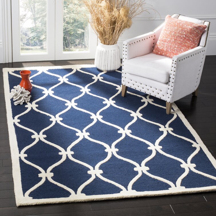 Erol   Geometric Handmade Tufted Wool Navy/Ivory Area Rug 8ft x 10ft 