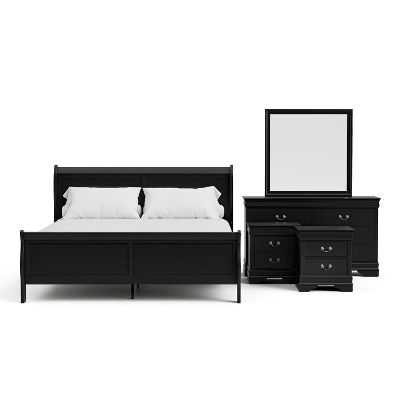 Ensemble de chambre à coucher Aberdeen, Noir, Cinq pièces : Lit, 2 tables de chevet, commode, m, Très grand