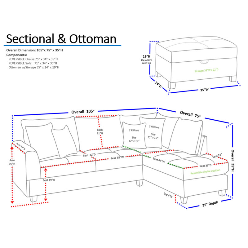 105" Wide Reversible Sofa & Chaise with Ottoman, Mocha Polyester Blend
