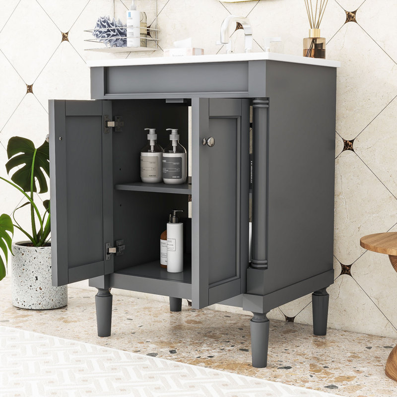 Ensemble de meuble-lavabo simple autoportant avec lavabo en céramique et armoire de rangement Eichman, Gris