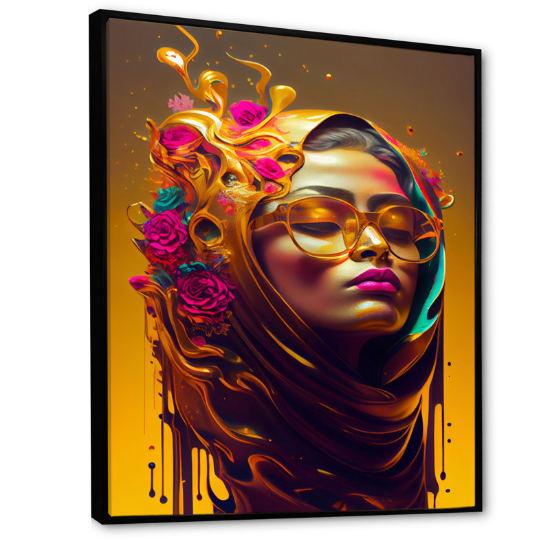 Élégante femme arabe avec hijab floral - Impression sur toile, H 32 po x l 16 po x P 1 po, Toile avec cadre flottant noir