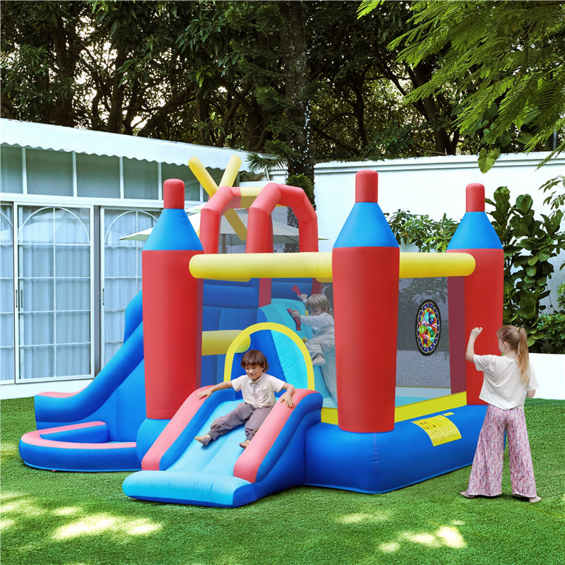 Blue and Red Inflatable Bounce House with Slide and Ball Pit