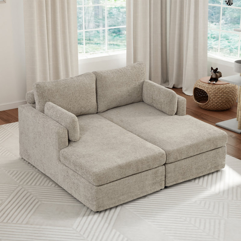 63.4" W Slipcovered Upholstered Chenille Chaise Lounge, Taupe