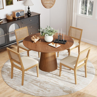 5-Piece Round Pedestal Dining Set, Wooden Table with 4 Rattan Back Chairs, Linen-Cotton Cushioned Seats & Protective Foot Pads, Modern Kitchen & Dining Room Furniture