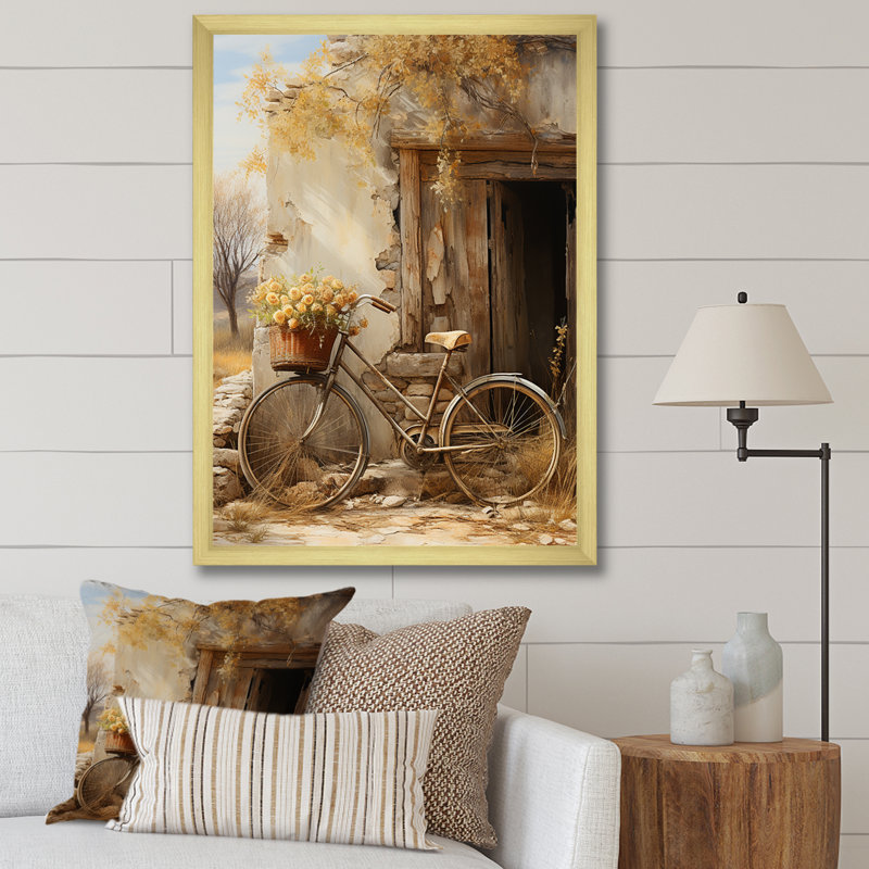Olive, sortie rétro - bicyclette, art mural sur toile, Cadre doré simple, H 32 po x l 24 po x P 1 po