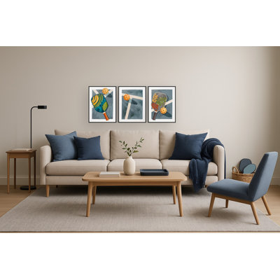 Colorful Pickleball Paddles Triptych Canvas Wall Art - 24" x 54" - Black Frame