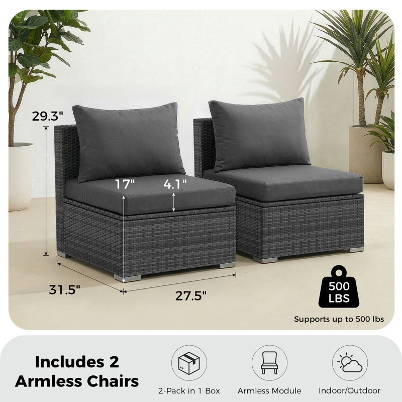 2-Piece Outdoor Armless Sofa, Dark Gray Cushion/Gray Frame